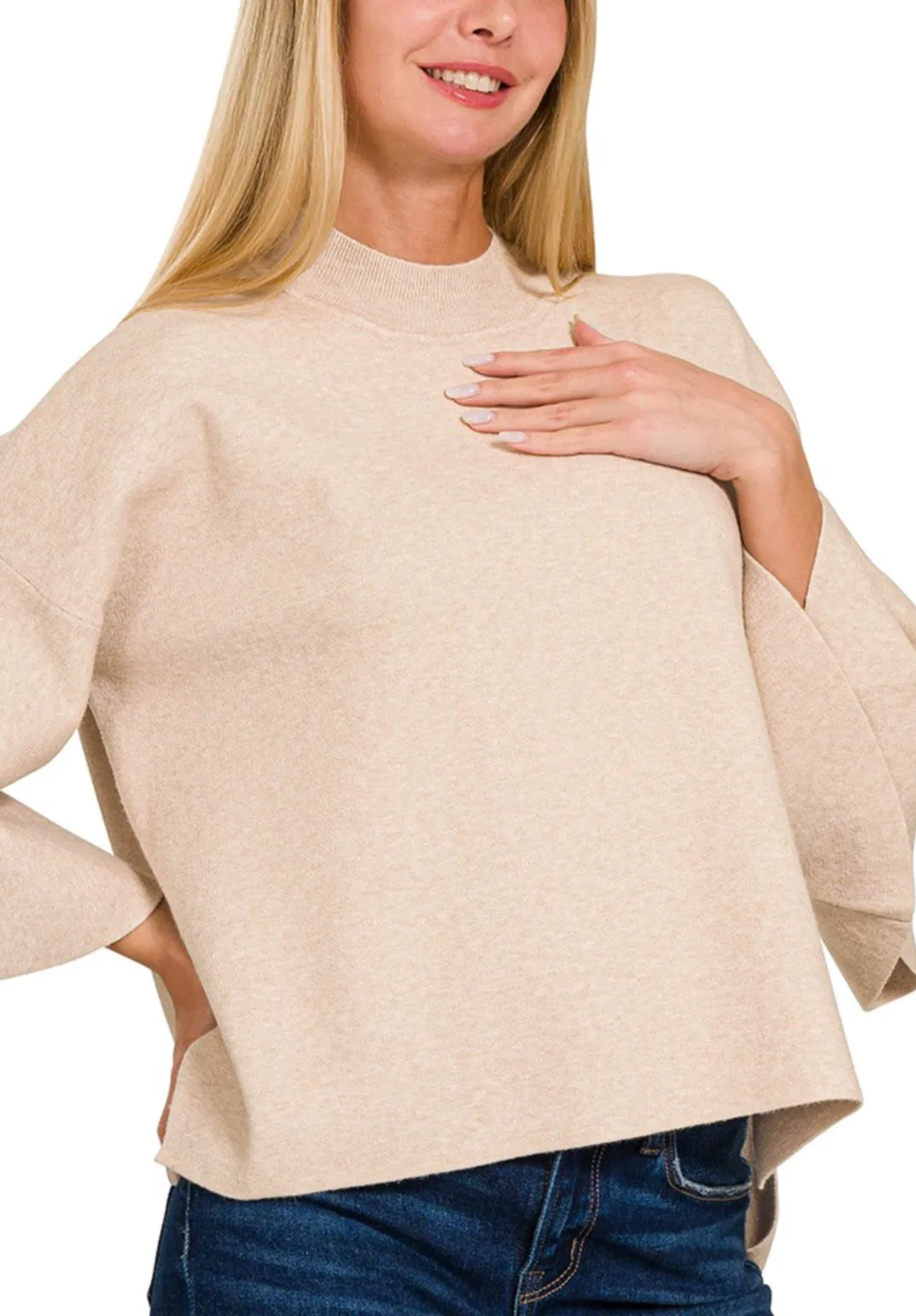 Sand Beige Mock Neck Bell Sleeve Sweater