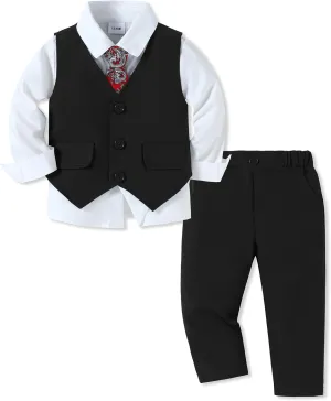 SANMIO Boy Suit Toddler Boys Formal Dress Outfit Shirt Printed Tie Vest Pants Baby Tuxedo Boys Wedding Clothes