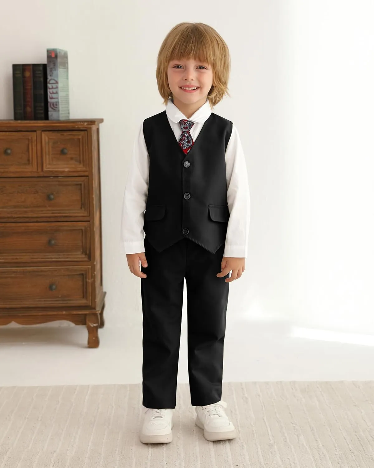 SANMIO Boy Suit Toddler Boys Formal Dress Outfit Shirt Printed Tie Vest Pants Baby Tuxedo Boys Wedding Clothes