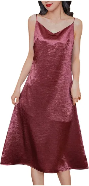 Satin Silk Midi Dress for Women Spaghetti Strap Cowl Neck Dresses Casual Fashion Ruched Evening Party Cocktail Dress