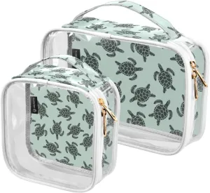 Sea-turtles Texture 2 Pack Clear Toiletry Bag Women Men, Portable Waterproof Clear Pouch, Cosmetic Bag with Double Zippers Large Opening Traveling with Handle for Bathroom Traveling Vacation Organizin