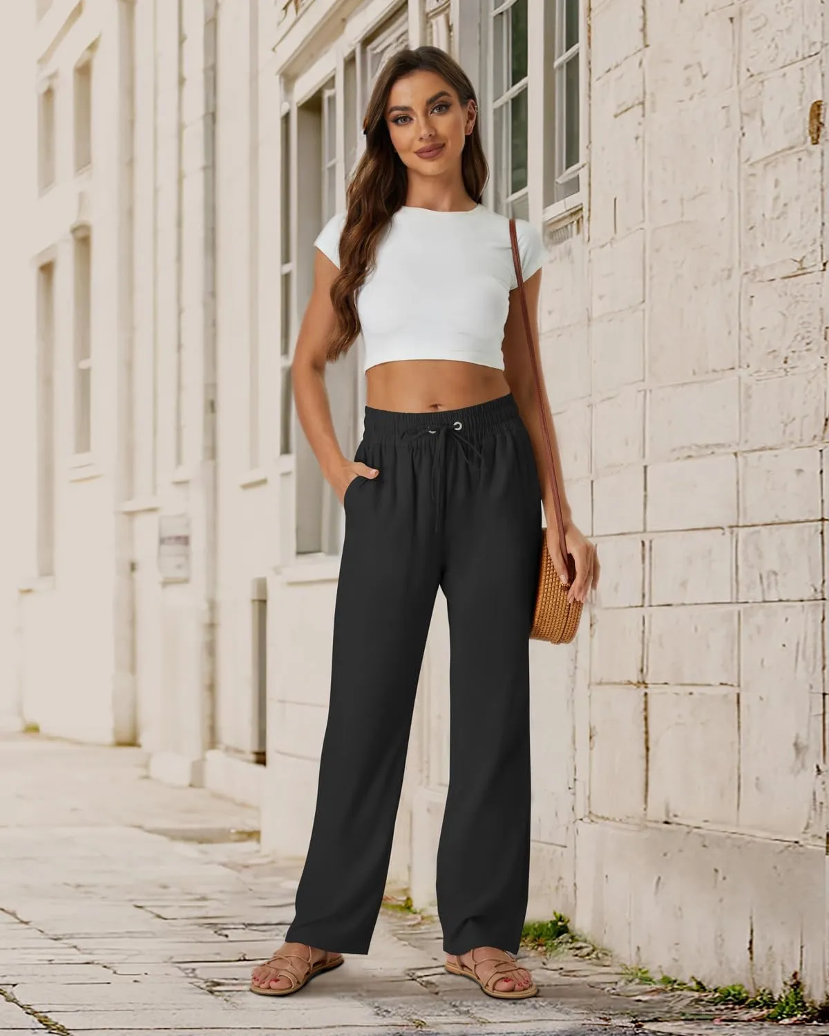 SEMARO Womens Casual Linen High Waist Pants Drawstring Loose Fit Summer Pants Trousers with Side Pockets