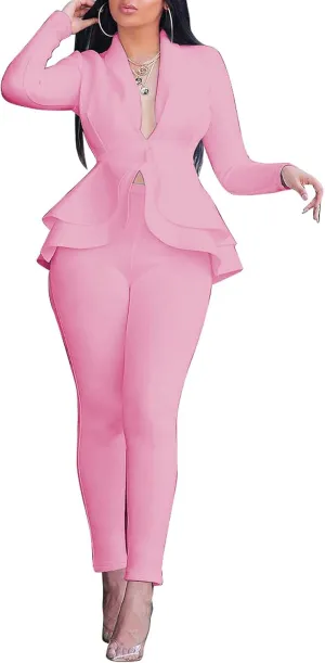 SEMATOMALA Women's Peplum Blazer Pencil Pant Set 2 Piece Casual Elegant Business Suit Solid Ruffle Jacket Bodycon Outfits