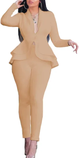 SEMATOMALA Women's Peplum Blazer Pencil Pant Set 2 Piece Casual Elegant Business Suit Solid Ruffle Jacket Bodycon Outfits
