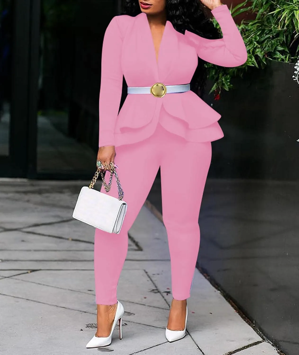 SEMATOMALA Women's Peplum Blazer Pencil Pant Set 2 Piece Casual Elegant Business Suit Solid Ruffle Jacket Bodycon Outfits