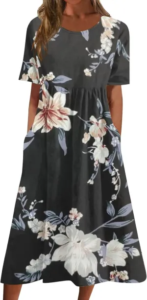 SGASY Plus Size Summer Dress 2024 Womens Short Sleeve Boho Floral Tshirt Dress Casual Loose Beach Vacation Midi Dresses