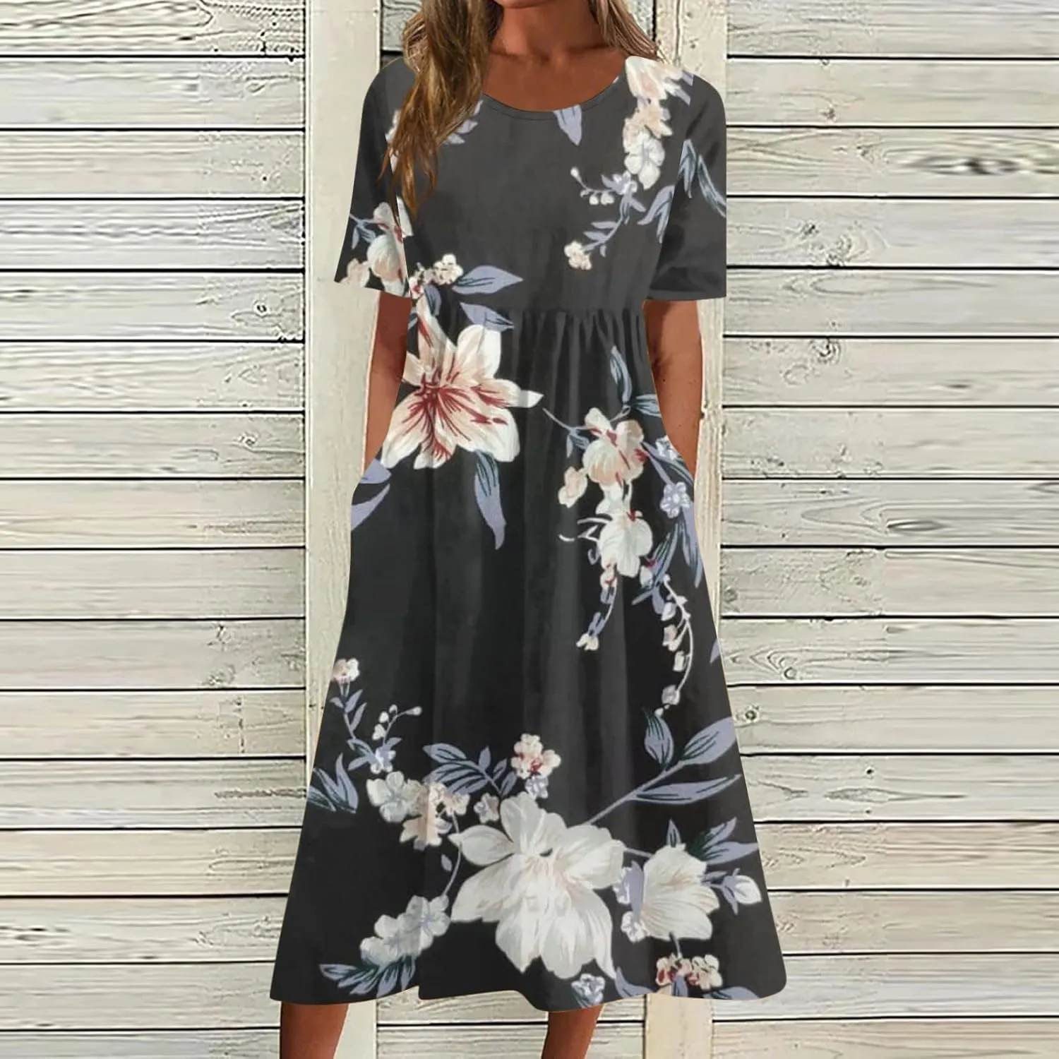 SGASY Plus Size Summer Dress 2024 Womens Short Sleeve Boho Floral Tshirt Dress Casual Loose Beach Vacation Midi Dresses