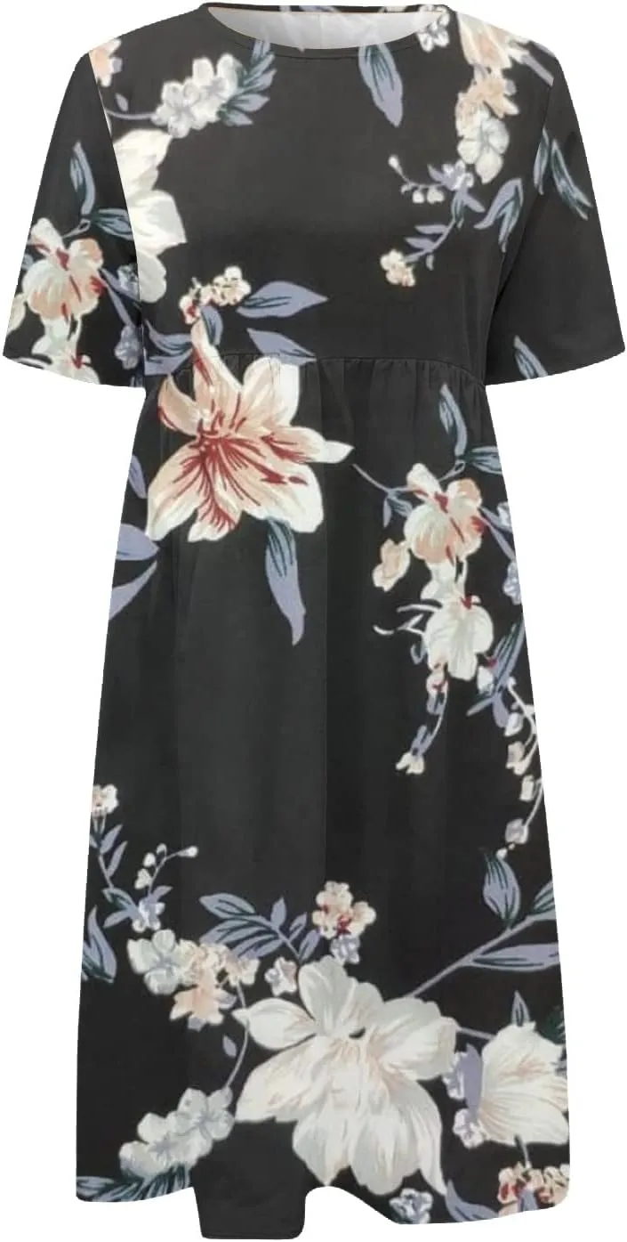SGASY Plus Size Summer Dress 2024 Womens Short Sleeve Boho Floral Tshirt Dress Casual Loose Beach Vacation Midi Dresses