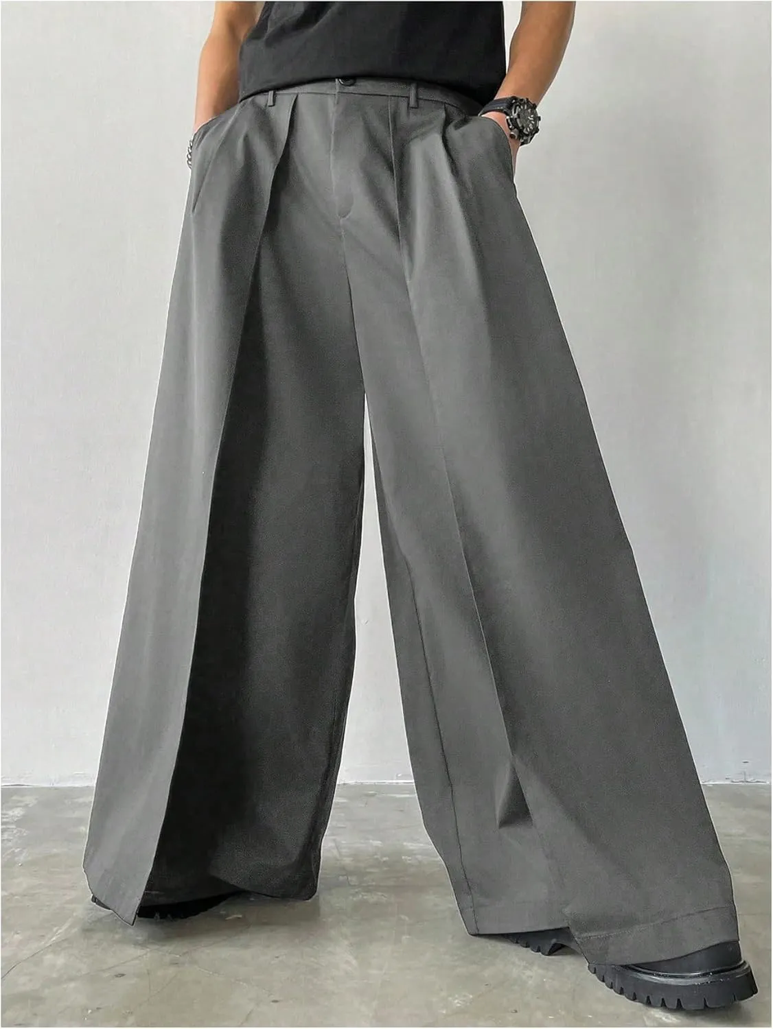 SHENHE Men's Wide Leg Pleated Pants Zipper Fly Baggy Pants Casual Business Dress Pants