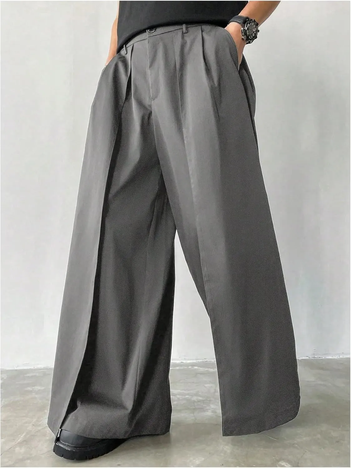 SHENHE Men's Wide Leg Pleated Pants Zipper Fly Baggy Pants Casual Business Dress Pants