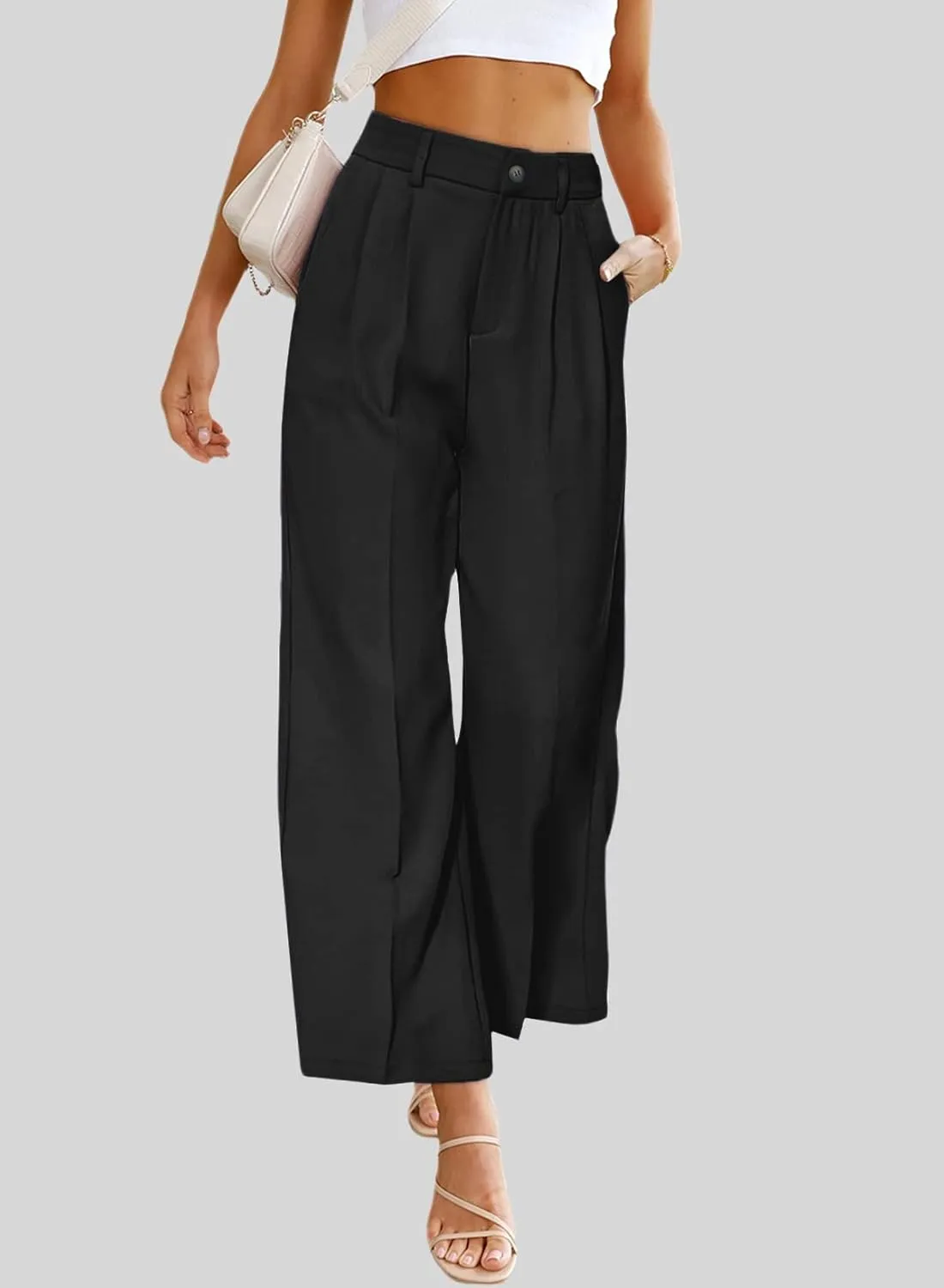 SHIPE Womens Casual Wide Leg Flowy Pants Elastic Waist Work Office Pants Pants with Pockets, S-XL
