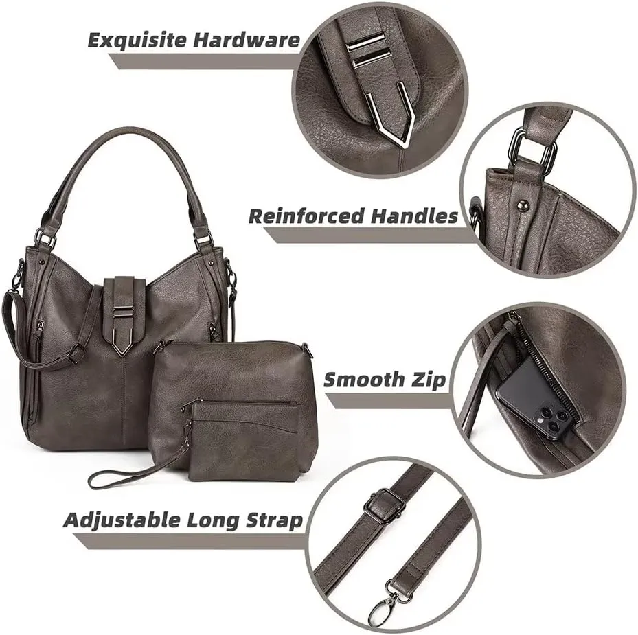 Shoulder Bag for Women Vintage PU Leather Crossbody Purse Casual Hobo Tote Bag Large Work Handbag Purse Set 3pcs