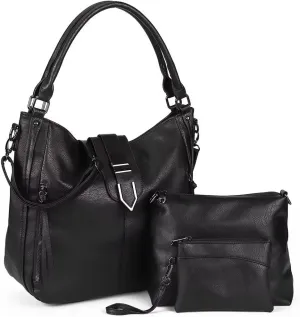 Shoulder Bag for Women Vintage PU Leather Crossbody Purse Casual Hobo Tote Bag Large Work Handbag Purse Set 3pcs