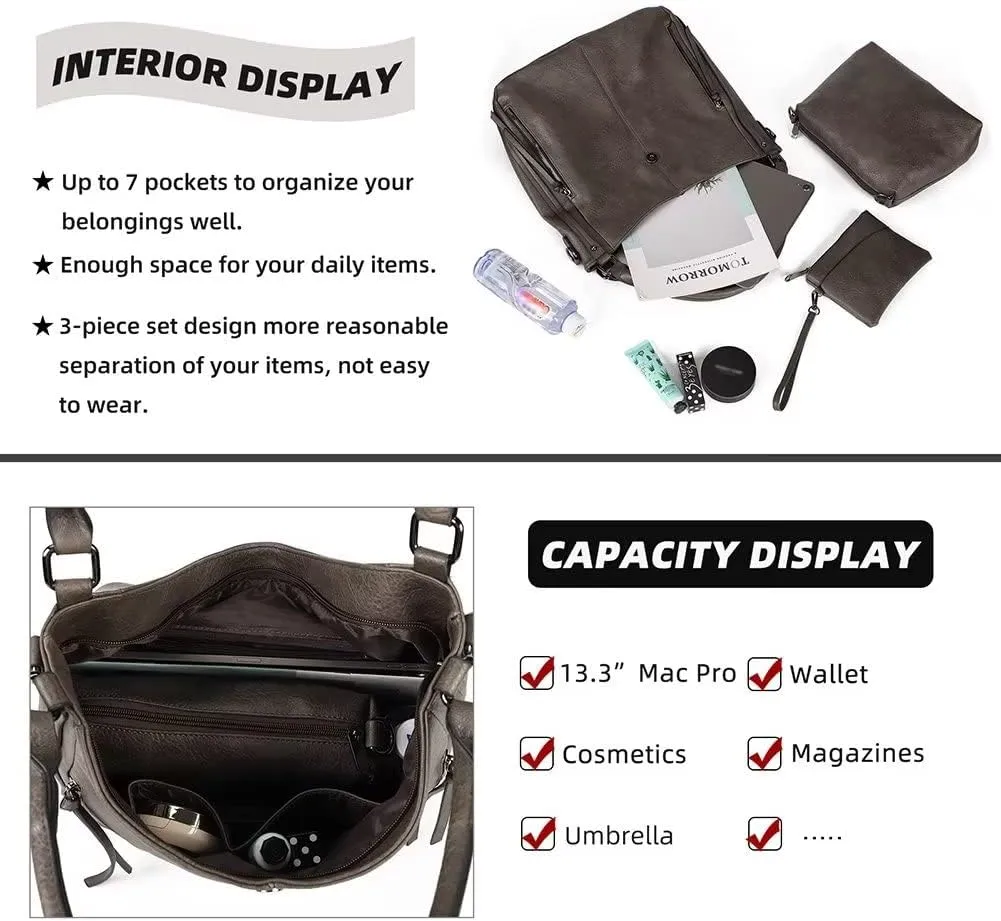 Shoulder Bag for Women Vintage PU Leather Crossbody Purse Casual Hobo Tote Bag Large Work Handbag Purse Set 3pcs
