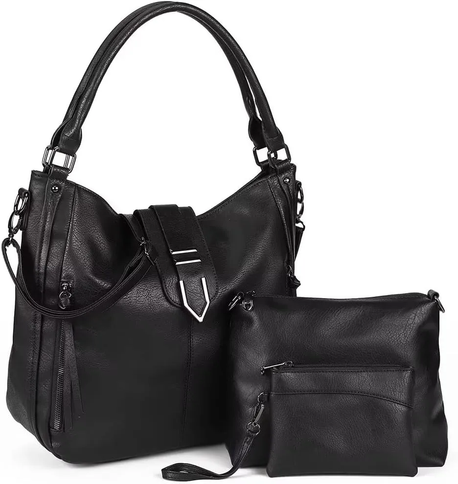 Shoulder Bag for Women Vintage PU Leather Crossbody Purse Casual Hobo Tote Bag Large Work Handbag Purse Set 3pcs