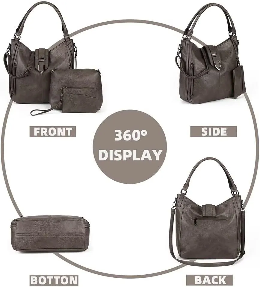 Shoulder Bag for Women Vintage PU Leather Crossbody Purse Casual Hobo Tote Bag Large Work Handbag Purse Set 3pcs