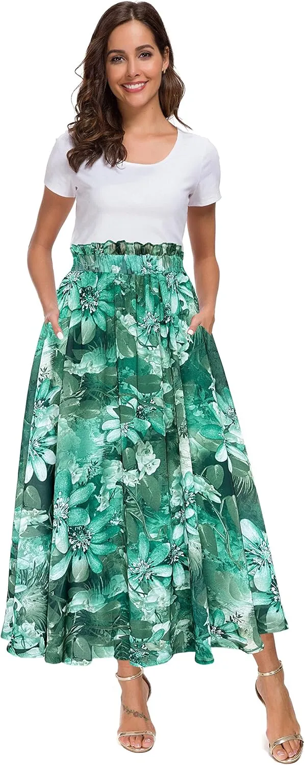 Sinono Women Elastic High Waist A Line Floral Print Swing Chiffon Beach Midi Long Skirt with Pockets