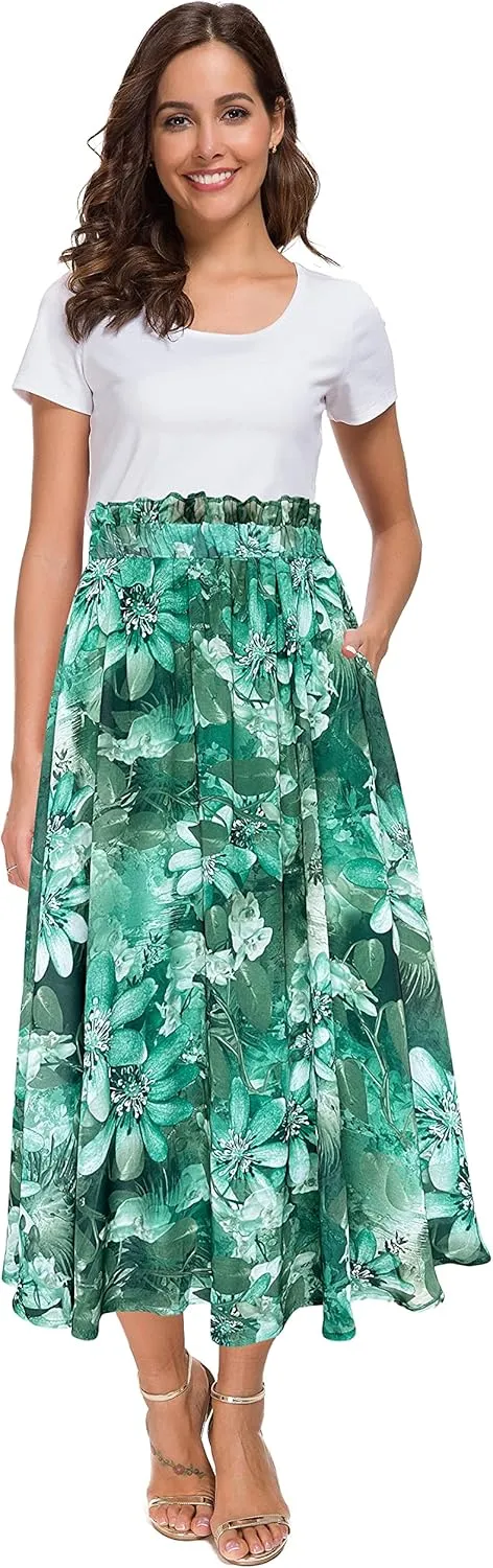 Sinono Women Elastic High Waist A Line Floral Print Swing Chiffon Beach Midi Long Skirt with Pockets