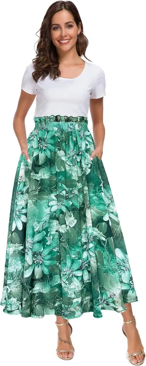 Sinono Women Elastic High Waist A Line Floral Print Swing Chiffon Beach Midi Long Skirt with Pockets