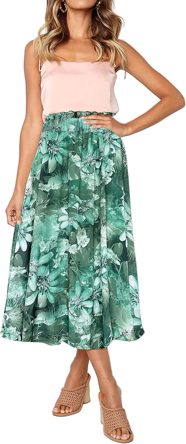 Sinono Women Elastic High Waist A Line Floral Print Swing Chiffon Beach Midi Long Skirt with Pockets