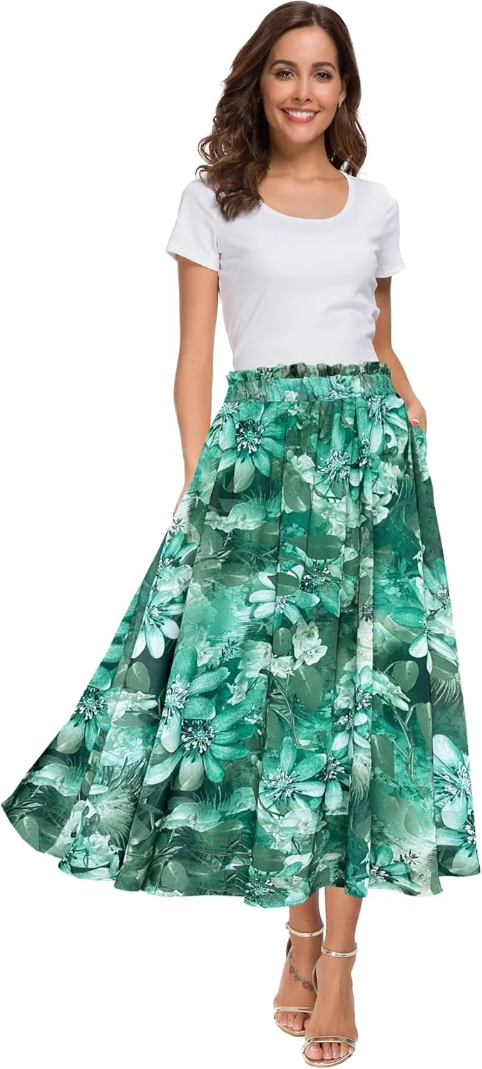 Sinono Women Elastic High Waist A Line Floral Print Swing Chiffon Beach Midi Long Skirt with Pockets
