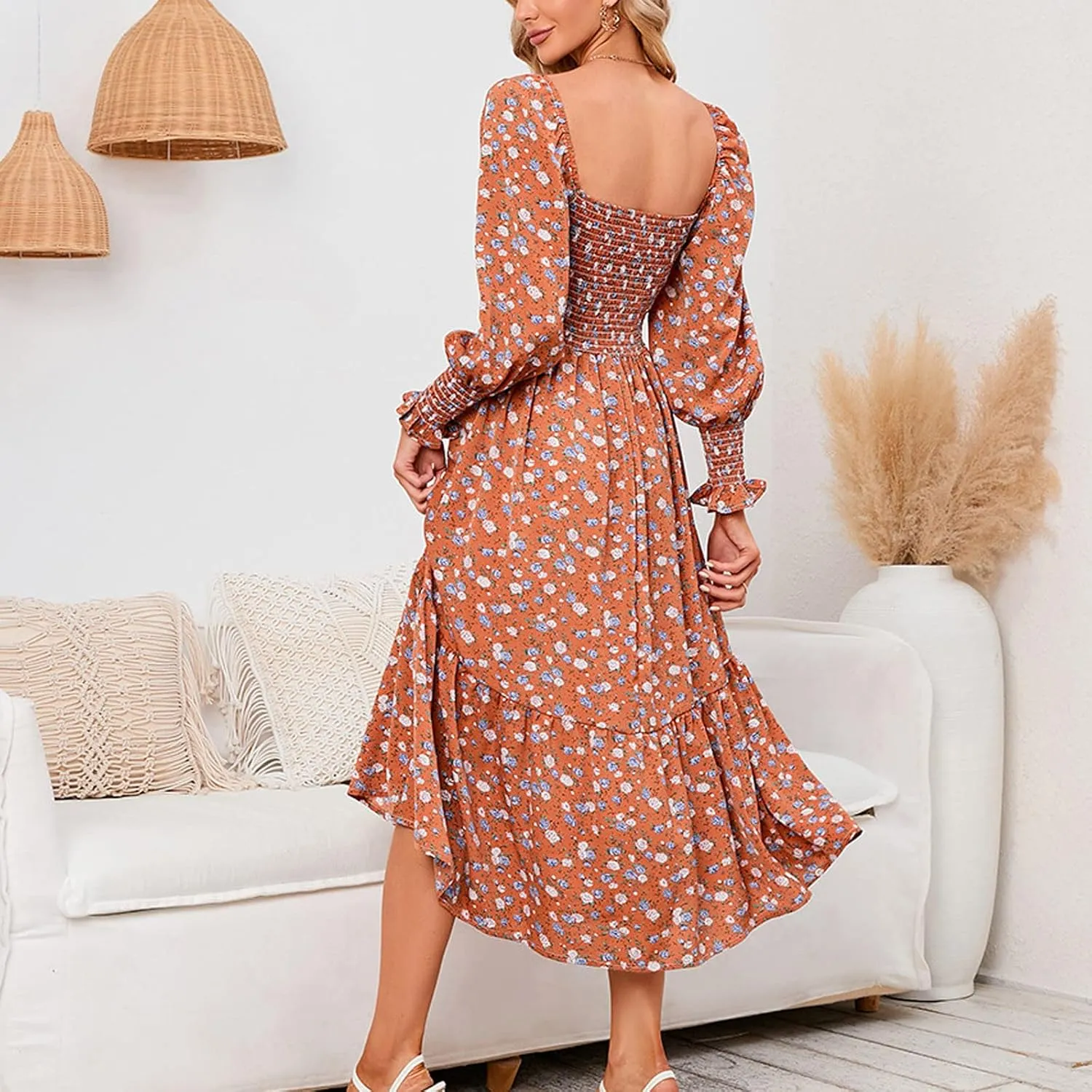 SMIDOW Bohemian Dress for Women Summer 2023 Long Sleeve Square Neck Maxi Dress Smocked Ruffle Flowy Chiffon Beach Sundress