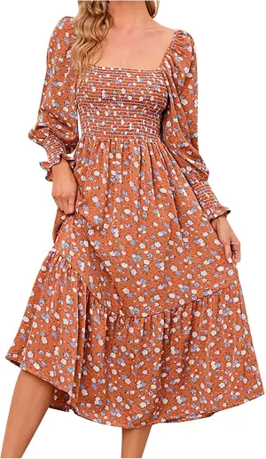 SMIDOW Bohemian Dress for Women Summer 2023 Long Sleeve Square Neck Maxi Dress Smocked Ruffle Flowy Chiffon Beach Sundress