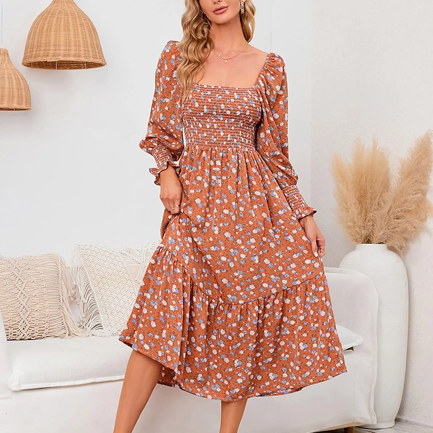 SMIDOW Bohemian Dress for Women Summer 2023 Long Sleeve Square Neck Maxi Dress Smocked Ruffle Flowy Chiffon Beach Sundress