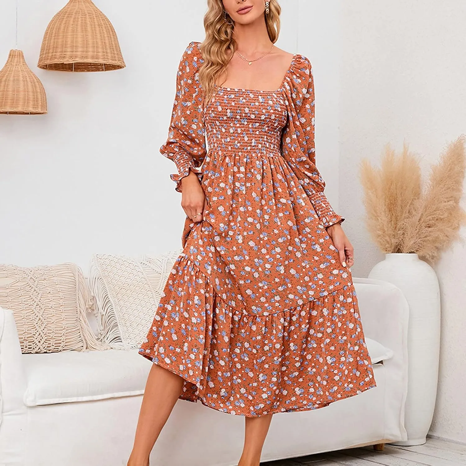 SMIDOW Bohemian Dress for Women Summer 2023 Long Sleeve Square Neck Maxi Dress Smocked Ruffle Flowy Chiffon Beach Sundress