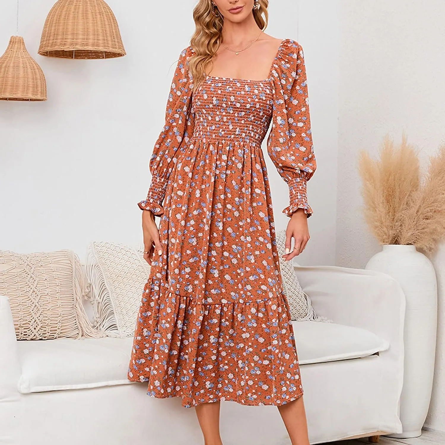 SMIDOW Bohemian Dress for Women Summer 2023 Long Sleeve Square Neck Maxi Dress Smocked Ruffle Flowy Chiffon Beach Sundress