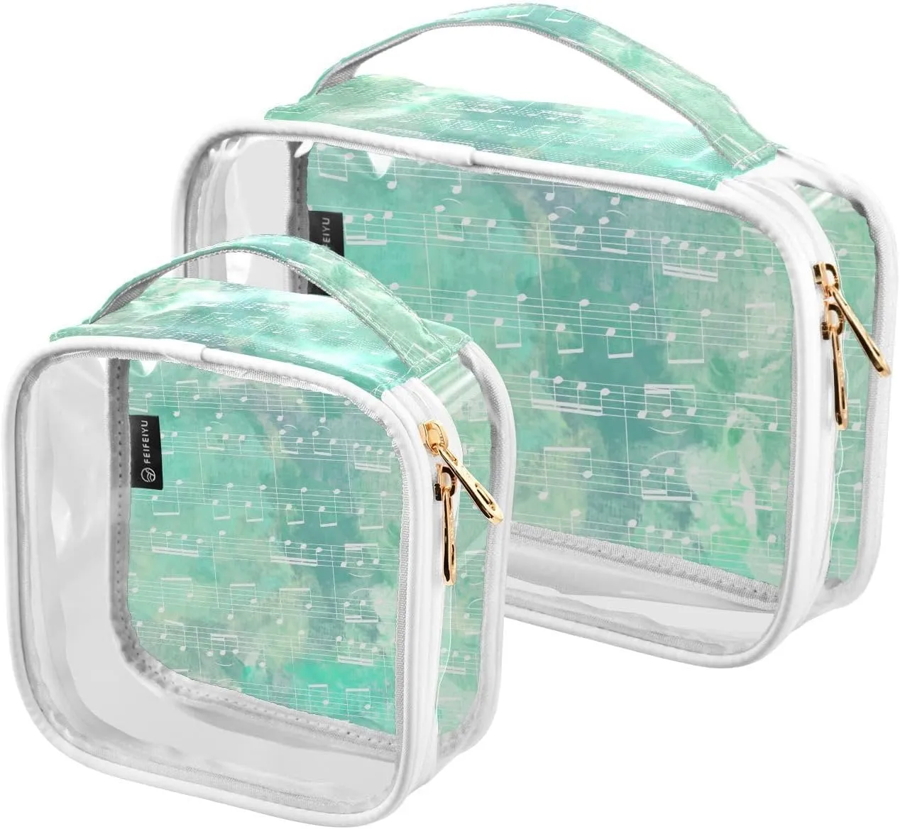 Stave-green Pattern 2 Pack Clear Toiletry Bag Women Men, Portable Waterproof Clear Pouch, Cosmetic Bag with Double Zippers Large Opening Traveling with Handle for Bathroom Traveling Vacation Organizin