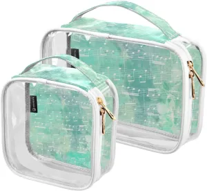 Stave-green Pattern 2 Pack Clear Toiletry Bag Women Men, Portable Waterproof Clear Pouch, Cosmetic Bag with Double Zippers Large Opening Traveling with Handle for Bathroom Traveling Vacation Organizin