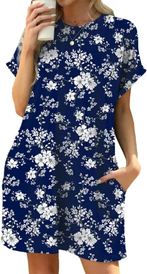 Sulozom Womens Summer Dresses Casual Crewneck Short Sleeve Floral Print Sundresses Beach A-line Shift Dress 2025 with Pockets