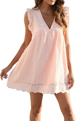 Summer Dresses for Women 2024 Casual Sleeveless V Neck Ruffle Beach Vacation Sundresses Cute Flowy Mini Dress