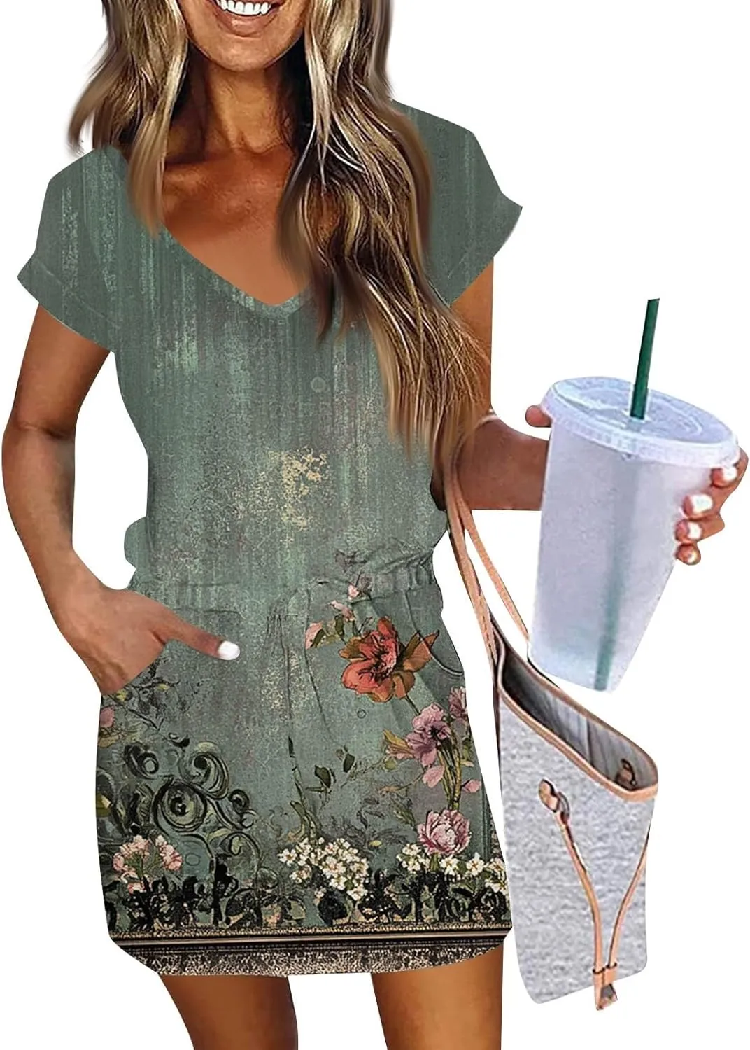 Summer Dresses for Women 2025 Sundress Short Sleeve V Neck Beach Vacation A-Line Double Layer Hem Mini Dresses