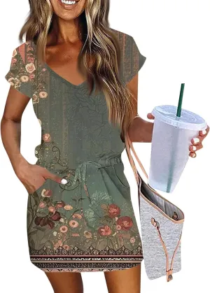 Summer Dresses for Women 2025 Sundress Short Sleeve V Neck Beach Vacation A-Line Double Layer Hem Mini Dresses