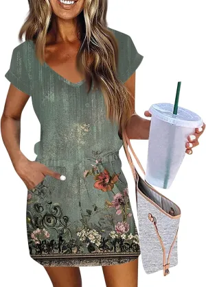 Summer Dresses for Women 2025 Sundress Short Sleeve V Neck Beach Vacation A-Line Double Layer Hem Mini Dresses