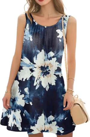 Summer Dresses for Women Casual Sundress Floral Printed Pleated Mini Dress with Pocket Beach Cover Up Swimsuits