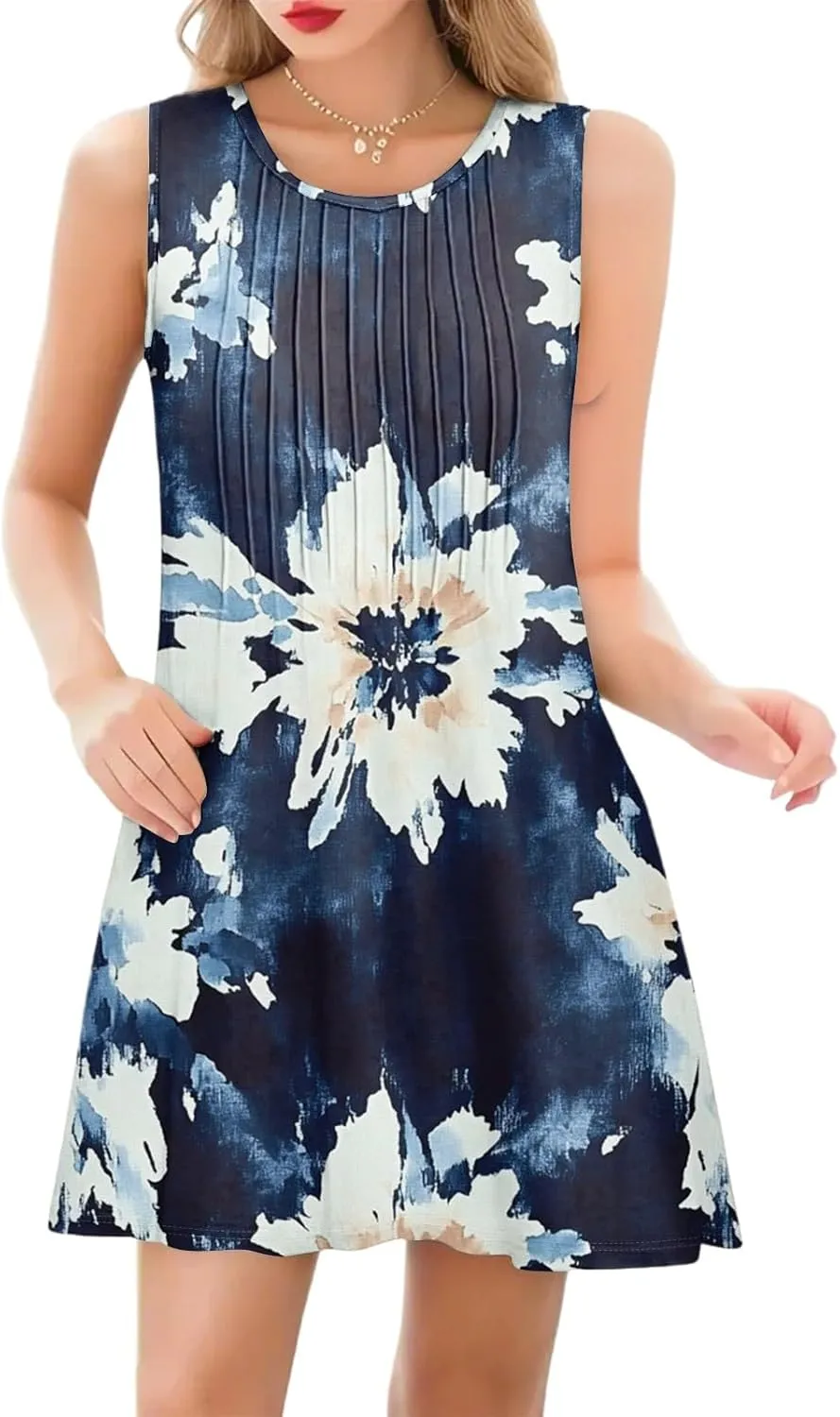 Summer Dresses for Women Casual Sundress Floral Printed Pleated Mini Dress with Pocket Beach Cover Up Swimsuits