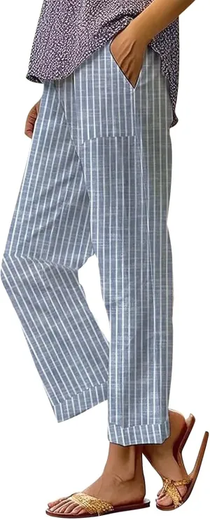 Summer Pants for Women 2025 Vacation Casual Boho Floral Print Cotton Linen Pants Fashion Wide Leg Stripe Lounge Pant