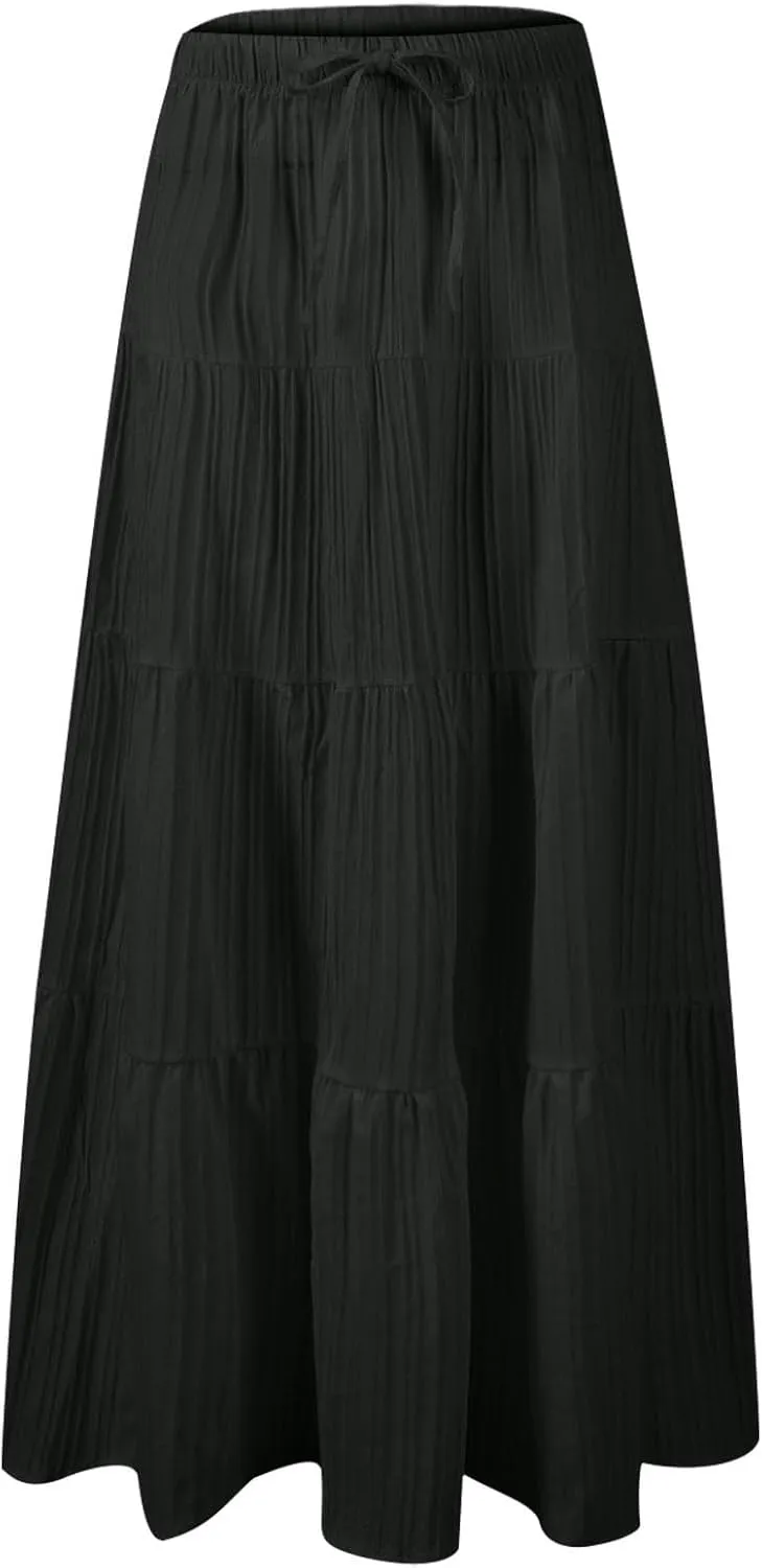 Summer Skirts for Women Casual Elastic High Waisted Pleated Skirt Midi Length Drawstring Flowy Beach Long Skirt