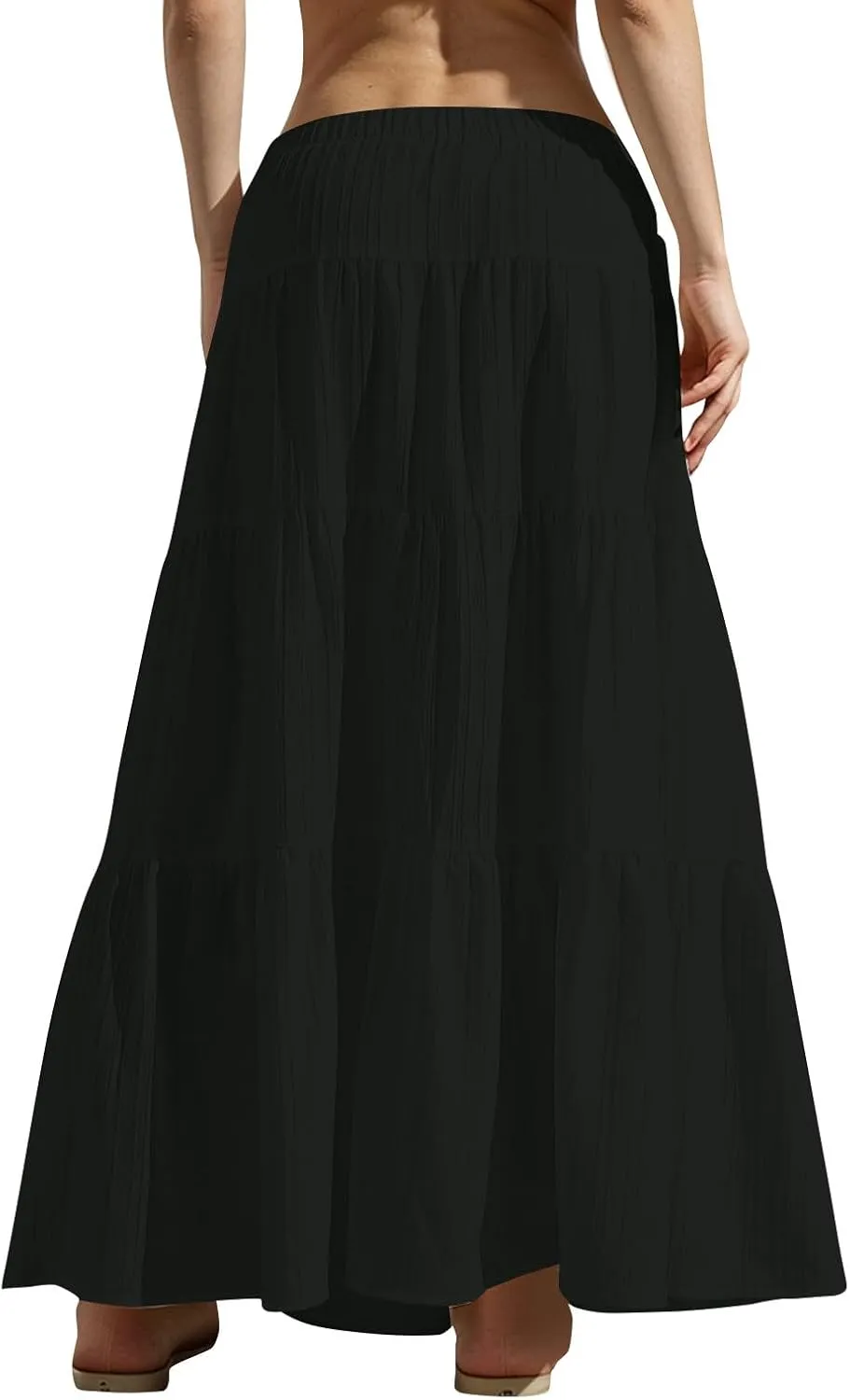 Summer Skirts for Women Casual Elastic High Waisted Pleated Skirt Midi Length Drawstring Flowy Beach Long Skirt