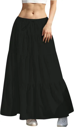 Summer Skirts for Women Casual Elastic High Waisted Pleated Skirt Midi Length Drawstring Flowy Beach Long Skirt