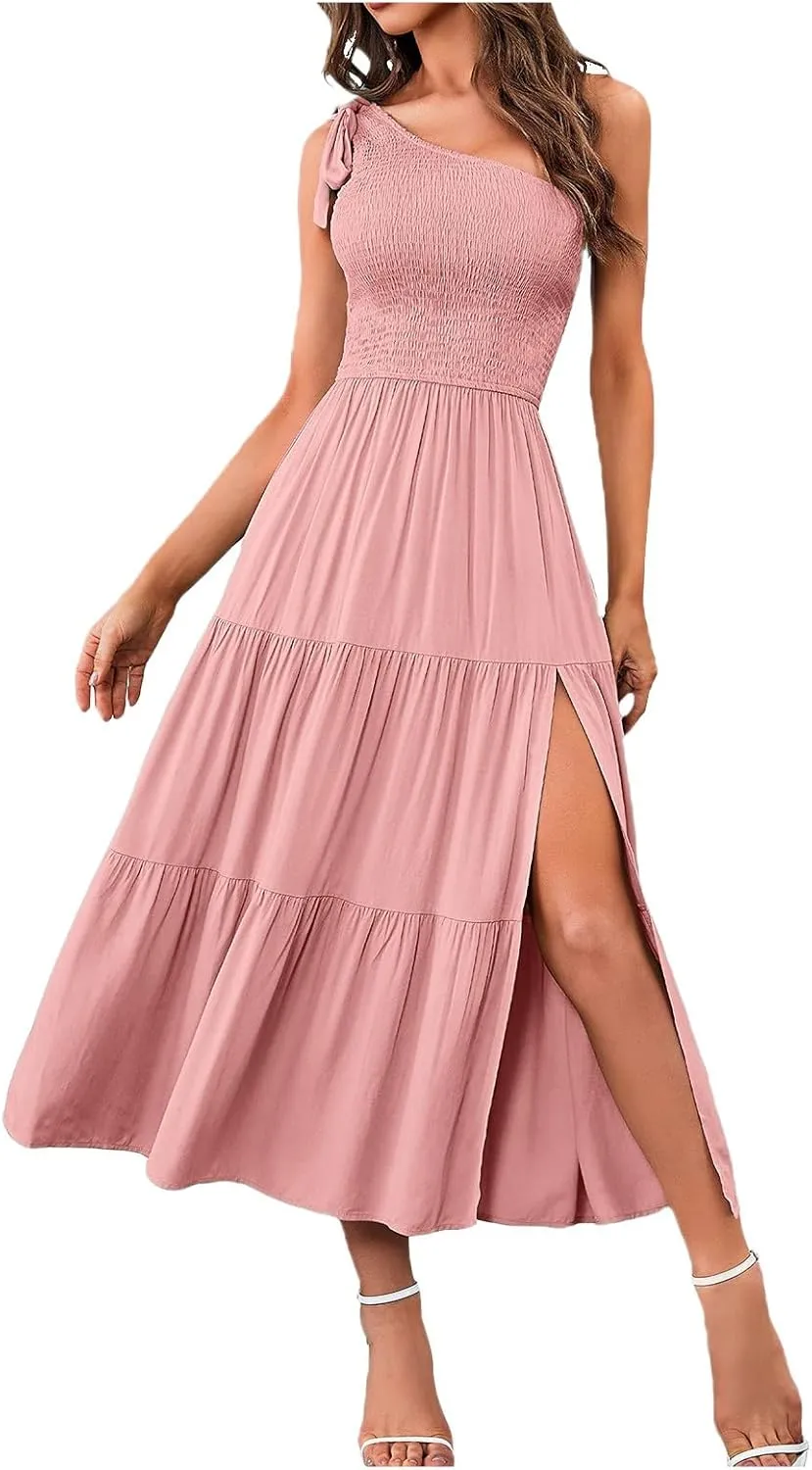 Sundress Women's 2024 Summer One Shoulder Sleeveless Beach Dress Casual Smocked Tiered Beach Maxi Dresses Fashion