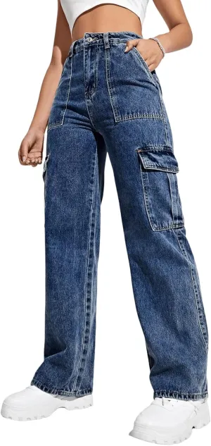 SweatyRocks Women's High Waist Cargo Jeans Flap Pocket Wide Leg Denim Pants