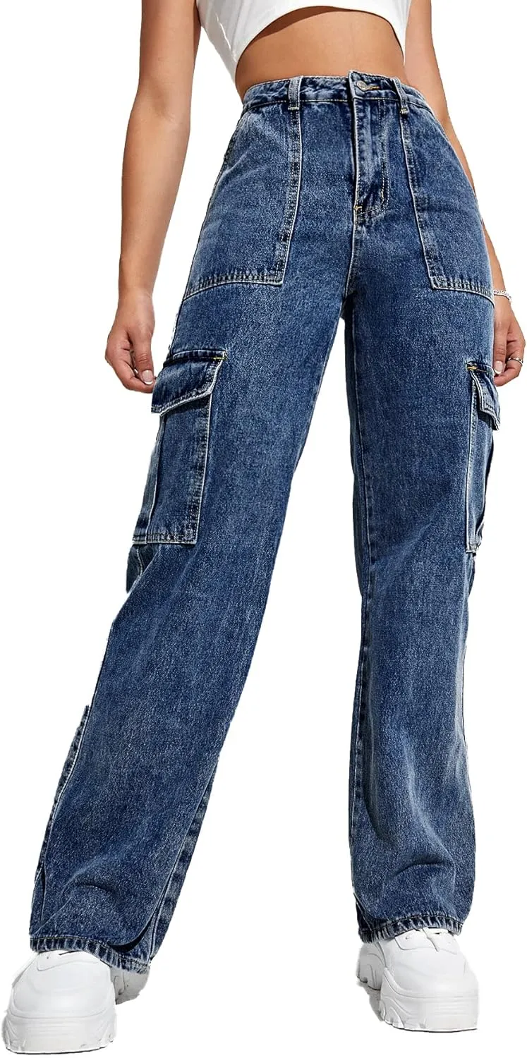 SweatyRocks Women's High Waist Cargo Jeans Flap Pocket Wide Leg Denim Pants