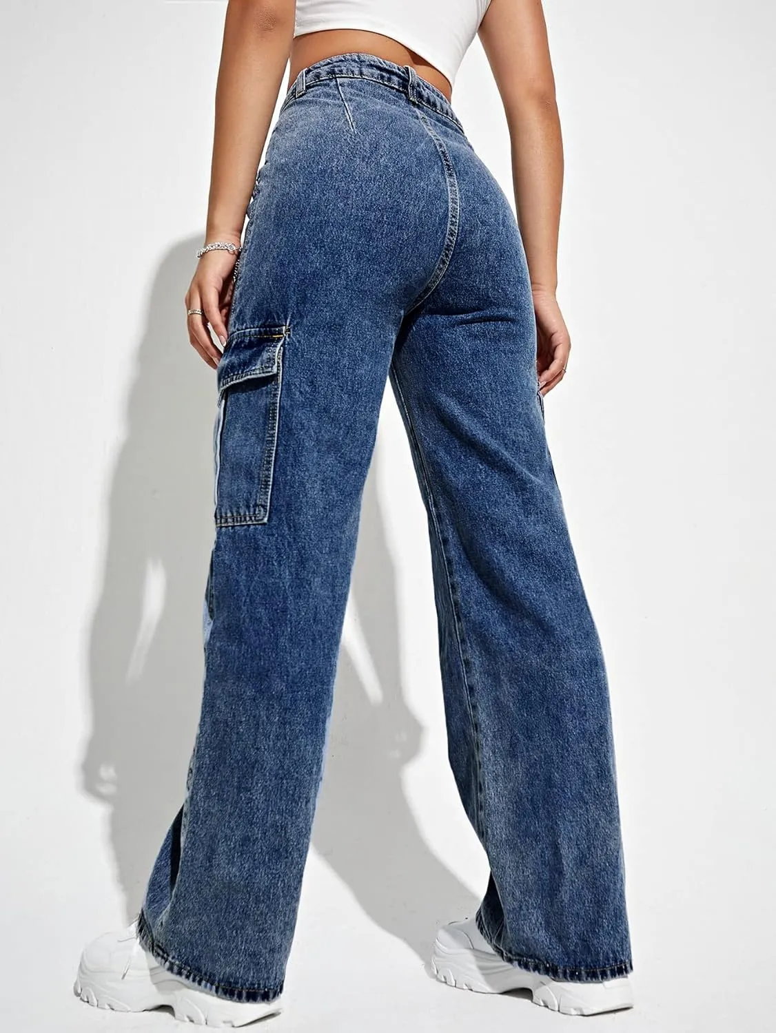 SweatyRocks Women's High Waist Cargo Jeans Flap Pocket Wide Leg Denim Pants