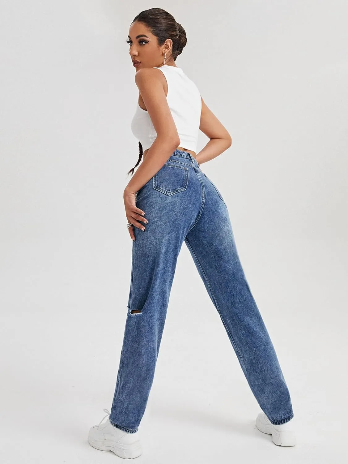 SweatyRocks Women's High Waist Slant Pocket Denim Jeans Ripped Straight Leg Pants