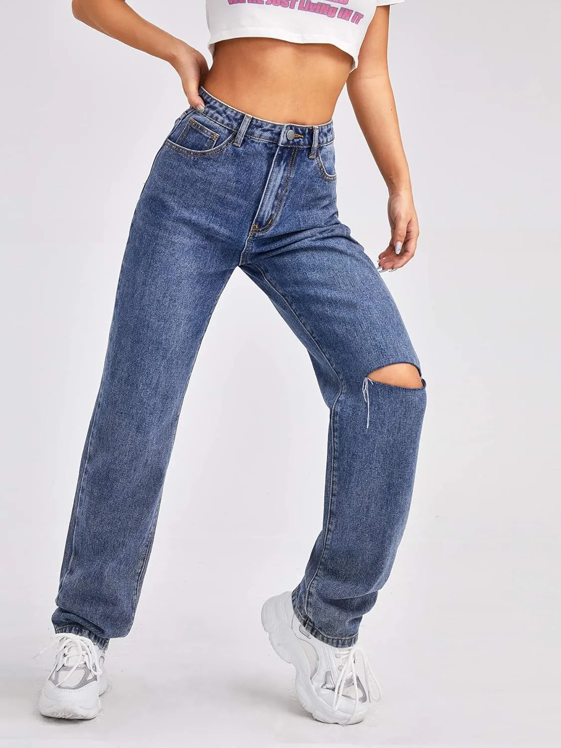SweatyRocks Women's High Waist Slant Pocket Denim Jeans Ripped Straight Leg Pants