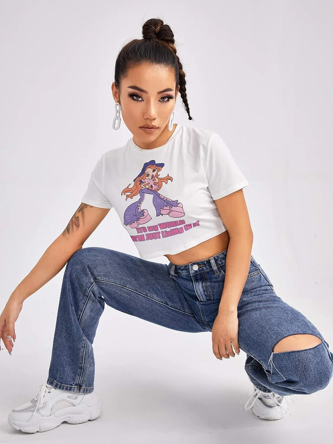 SweatyRocks Women's High Waist Slant Pocket Denim Jeans Ripped Straight Leg Pants